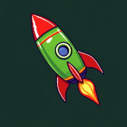 A pixel art depiction of a green rocket with striking red accents, featuring a sleek and whimsical design