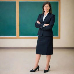 A modern 21st century teacher fully dressed in professional attire, including shoes and uniform. She stands poised, embodying the spirit of contemporary education.