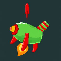 A pixel art depiction of a green rocket with striking red accents, featuring a sleek and whimsical design