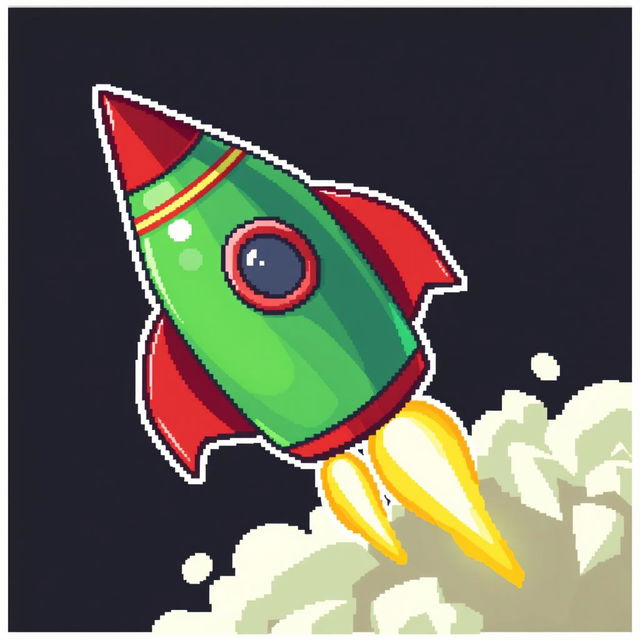 A pixel art depiction of a green rocket with striking red accents, featuring a sleek and whimsical design