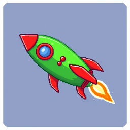 A pixel art depiction of a green rocket with striking red accents, featuring a sleek and whimsical design