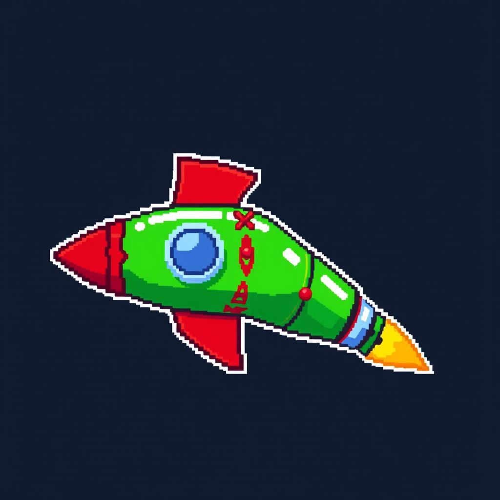 A pixel art representation of a green rocket with vibrant red accents