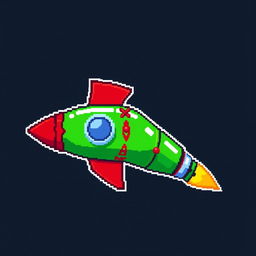 A pixel art representation of a green rocket with vibrant red accents