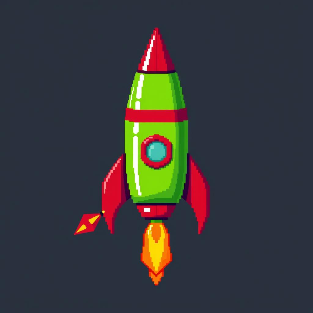 A pixel art representation of a green rocket with vibrant red accents