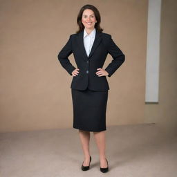 A modern 21st century teacher fully dressed in professional attire, including shoes and uniform. She stands poised, embodying the spirit of contemporary education.