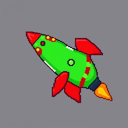 A pixel art representation of a green rocket with vibrant red accents