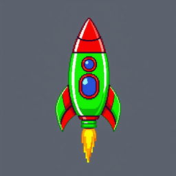 A pixel art representation of a green rocket with vibrant red accents