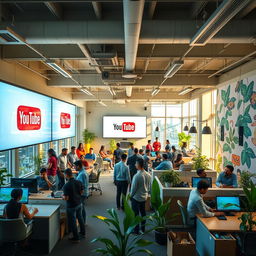 A vibrant office space of YouTube located in Bangalore, showcasing a modern, tech-savvy environment filled with innovative designs