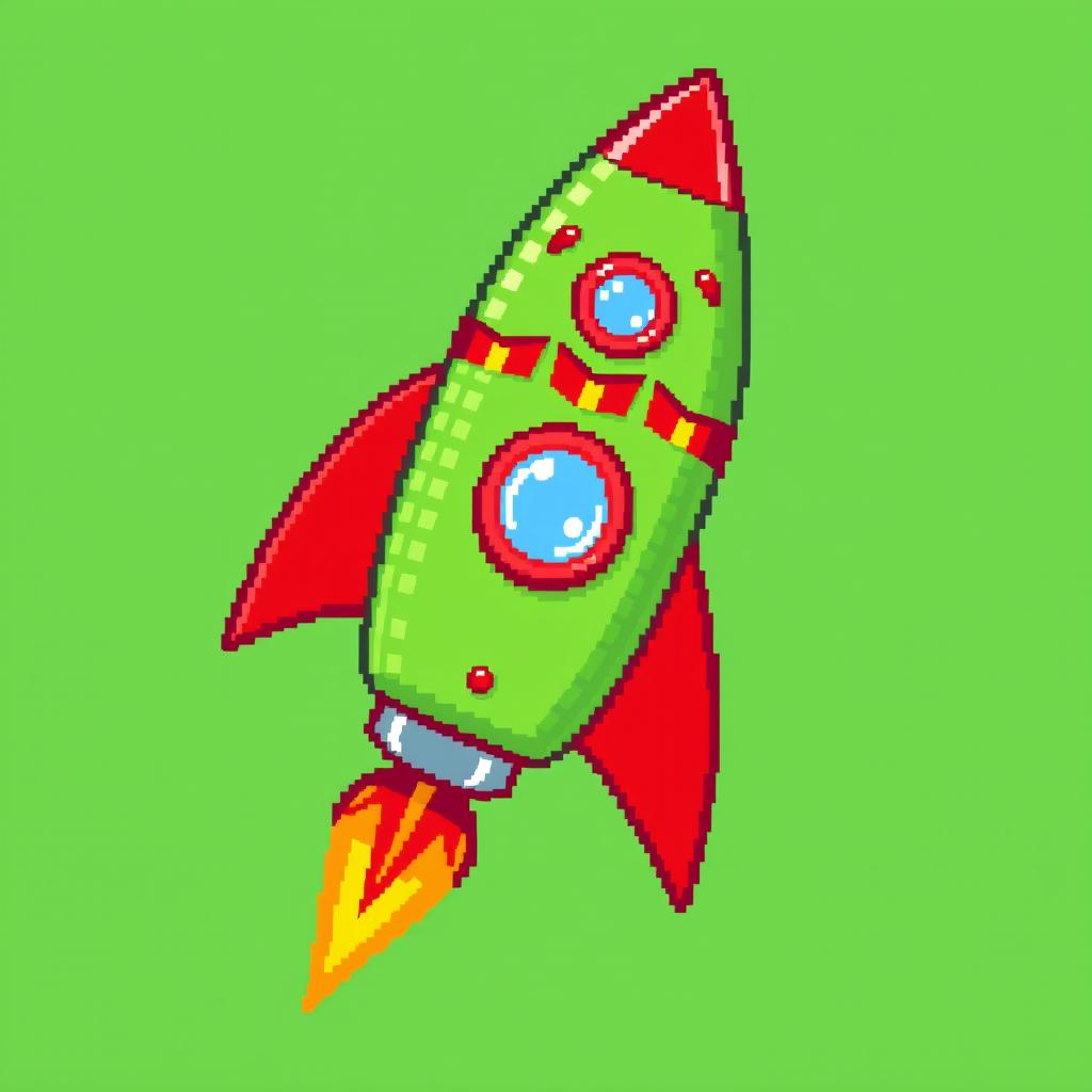 A pixel art representation of a green rocket with striking red accents