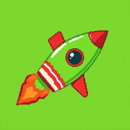 A pixel art representation of a green rocket with striking red accents