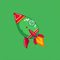 A pixel art representation of a green rocket with striking red accents