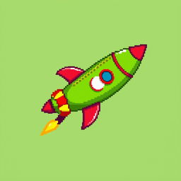 A pixel art representation of a green rocket with striking red accents