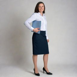 A full body portrayal of a 21st century teacher in her uniform, from head to toe showing her shoes, poised holding a computer.