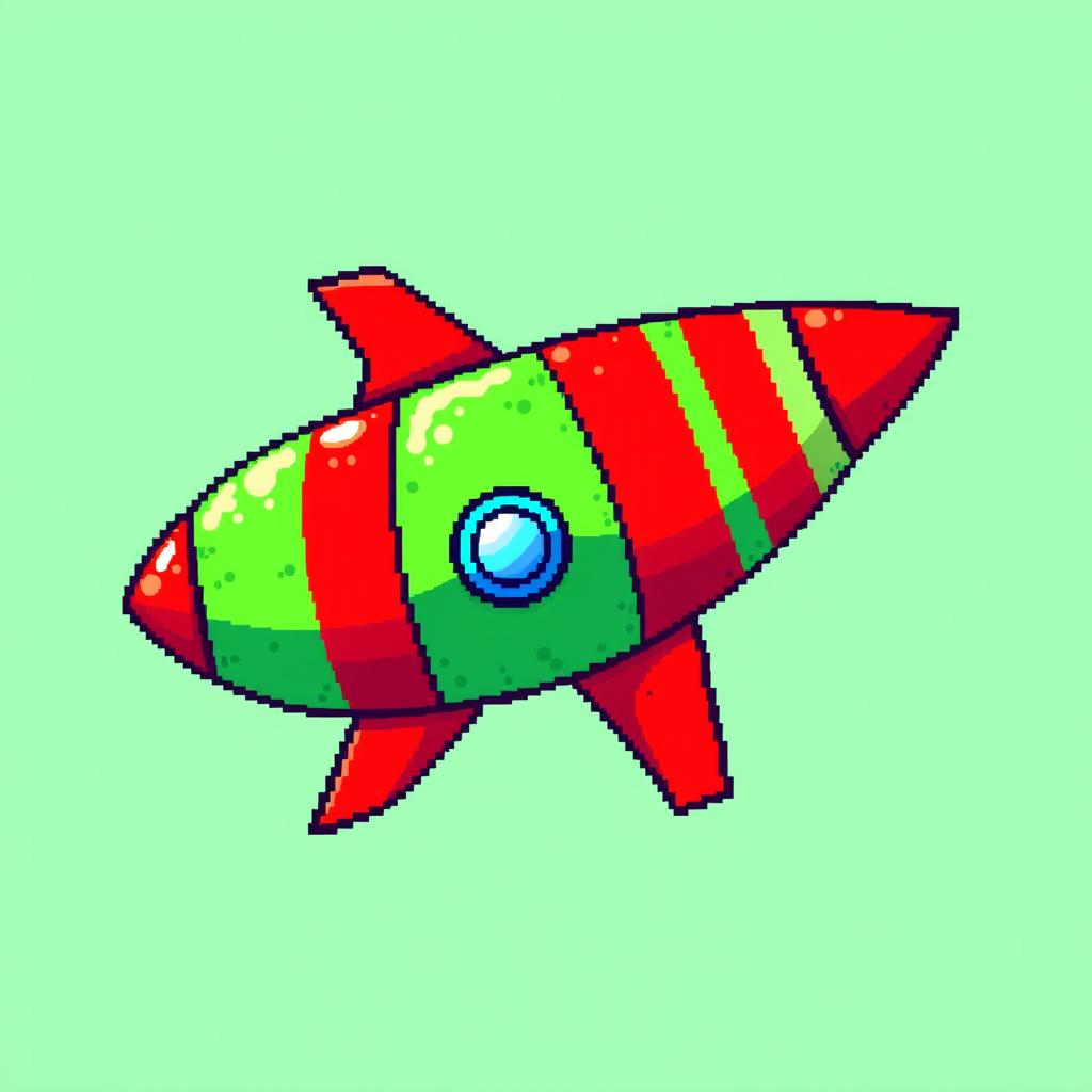 A pixel art illustration of a bright green rocket adorned with bold red accents