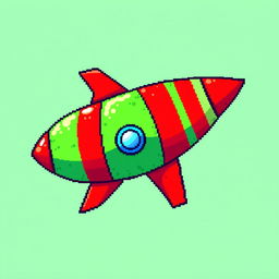 A pixel art illustration of a bright green rocket adorned with bold red accents