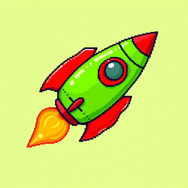 A pixel art illustration of a bright green rocket adorned with bold red accents