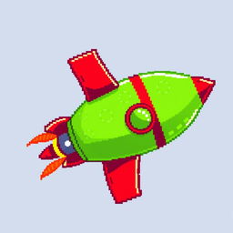 A pixel art illustration of a bright green rocket adorned with bold red accents