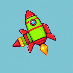 A pixel art illustration of a bright green rocket adorned with bold red accents