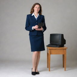 A full body portrayal of a 21st century teacher in her uniform, from head to toe showing her shoes, poised holding a computer.