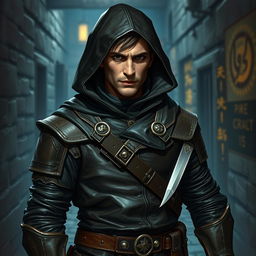 A human rogue character from a Dungeons & Dragons campaign, dressed in dark leather armor adorned with hidden pockets and intricate stitching, showcasing a hood that shadows their face