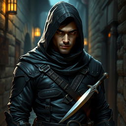 A human rogue character from a Dungeons & Dragons campaign, dressed in dark leather armor adorned with hidden pockets and intricate stitching, showcasing a hood that shadows their face