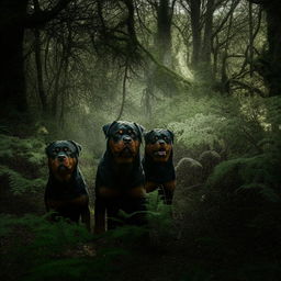 Intimidating Rottweiler dogs with mean faces and red eyes, standing alert in the shadowy undergrowth of a dense forest.