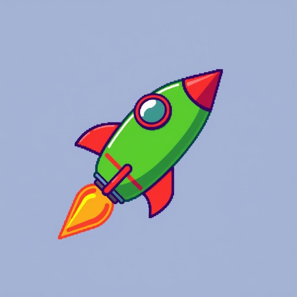 A pixel art design featuring a green rocket with bright red accents