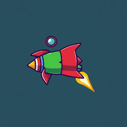 A pixel art design featuring a green rocket with bright red accents