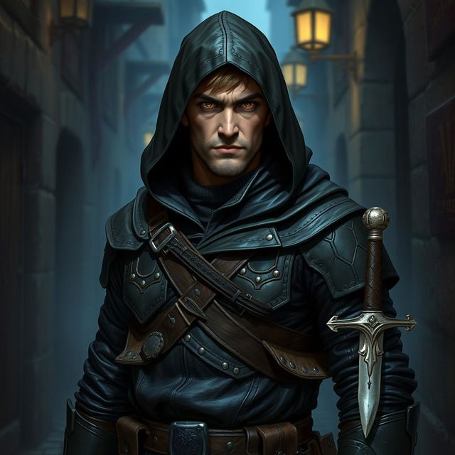 A human rogue character from a Dungeons & Dragons campaign, dressed in dark leather armor adorned with hidden pockets and intricate stitching, showcasing a hood that shadows their face