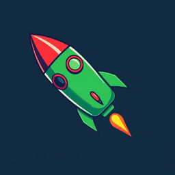 A pixel art design featuring a green rocket with bright red accents