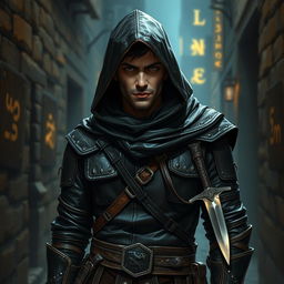 A human rogue character from a Dungeons & Dragons campaign, dressed in dark leather armor adorned with hidden pockets and intricate stitching, showcasing a hood that shadows their face