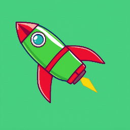 A pixel art design featuring a green rocket with bright red accents