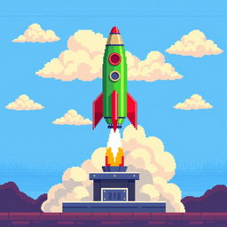 A pixel art scene depicting a green rocket with red accents situated on a launch pad