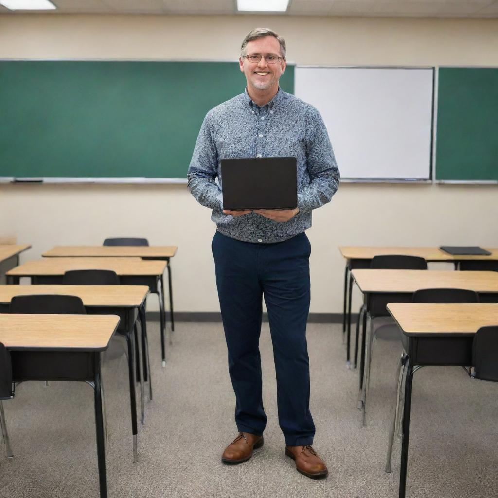 A full-bodied image of a 21st century teacher, complete with modern attire and shoes, holding a laptop while standing in a contemporary classroom.