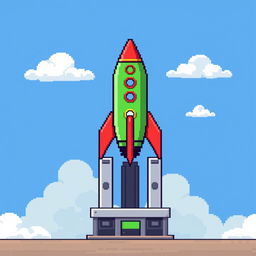 A pixel art scene depicting a green rocket with red accents situated on a launch pad