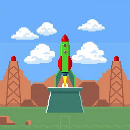 A pixel art scene depicting a green rocket with red accents situated on a launch pad