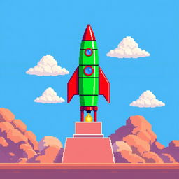 A pixel art scene showcasing a vivid green rocket on a launch pad