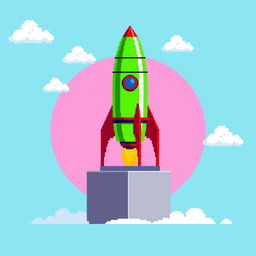 A pixel art scene showcasing a vivid green rocket on a launch pad