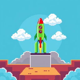 A pixel art scene showcasing a vivid green rocket on a launch pad