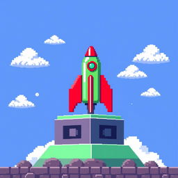 A pixel art scene showcasing a vivid green rocket on a launch pad