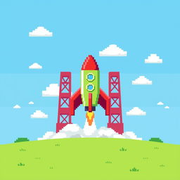 A vibrant pixel art representation of a rocket on a launch pad