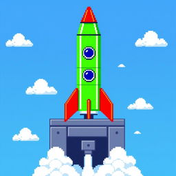 A vibrant pixel art representation of a rocket on a launch pad