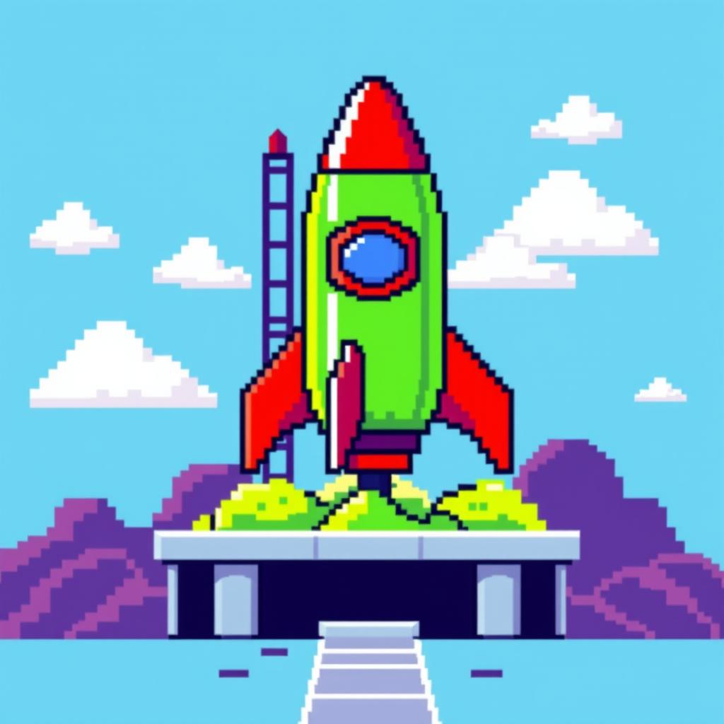 A vibrant pixel art representation of a rocket on a launch pad