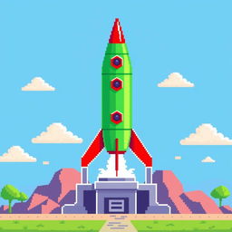 A vibrant pixel art representation of a rocket on a launch pad