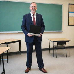 A full-bodied image of a 21st century teacher, complete with modern attire and shoes, holding a laptop while standing in a contemporary classroom.