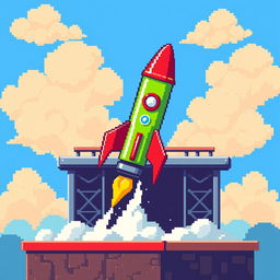 A pixel art illustration featuring a vibrant green rocket adorned with red accents, positioned on a launch pad