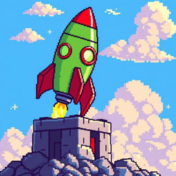 A pixel art illustration featuring a vibrant green rocket adorned with red accents, positioned on a launch pad