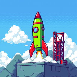 A pixel art illustration featuring a vibrant green rocket adorned with red accents, positioned on a launch pad