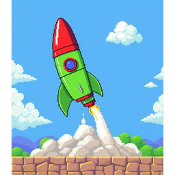 A pixel art illustration featuring a vibrant green rocket adorned with red accents, positioned on a launch pad