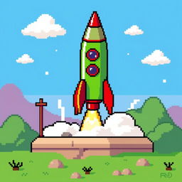 A pixel art illustration depicting a colorful rocket positioned on a launch pad